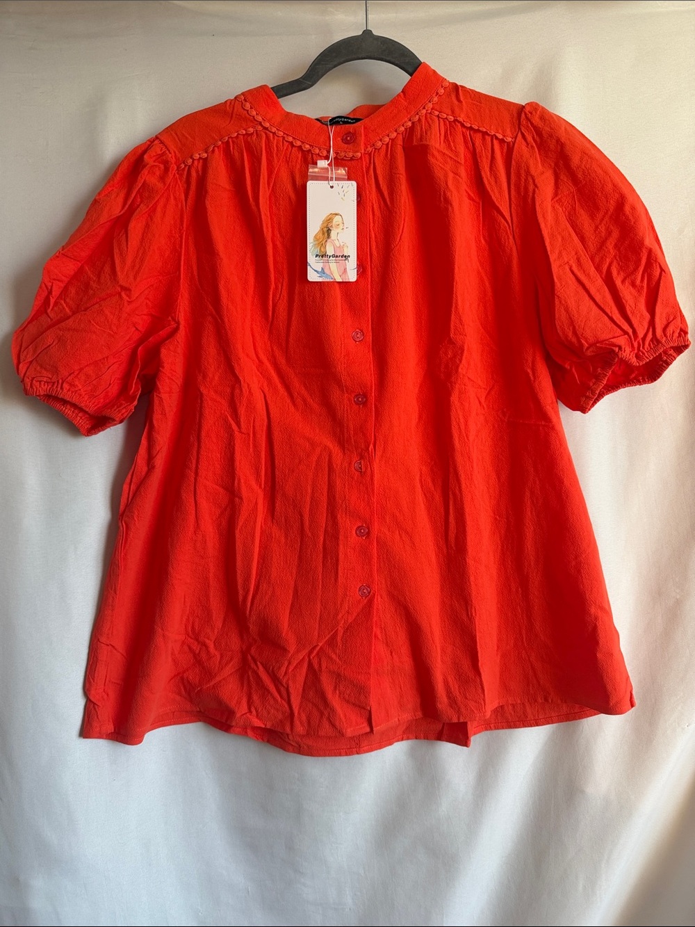 Classic Red Puff-Sleeve Button Blouse